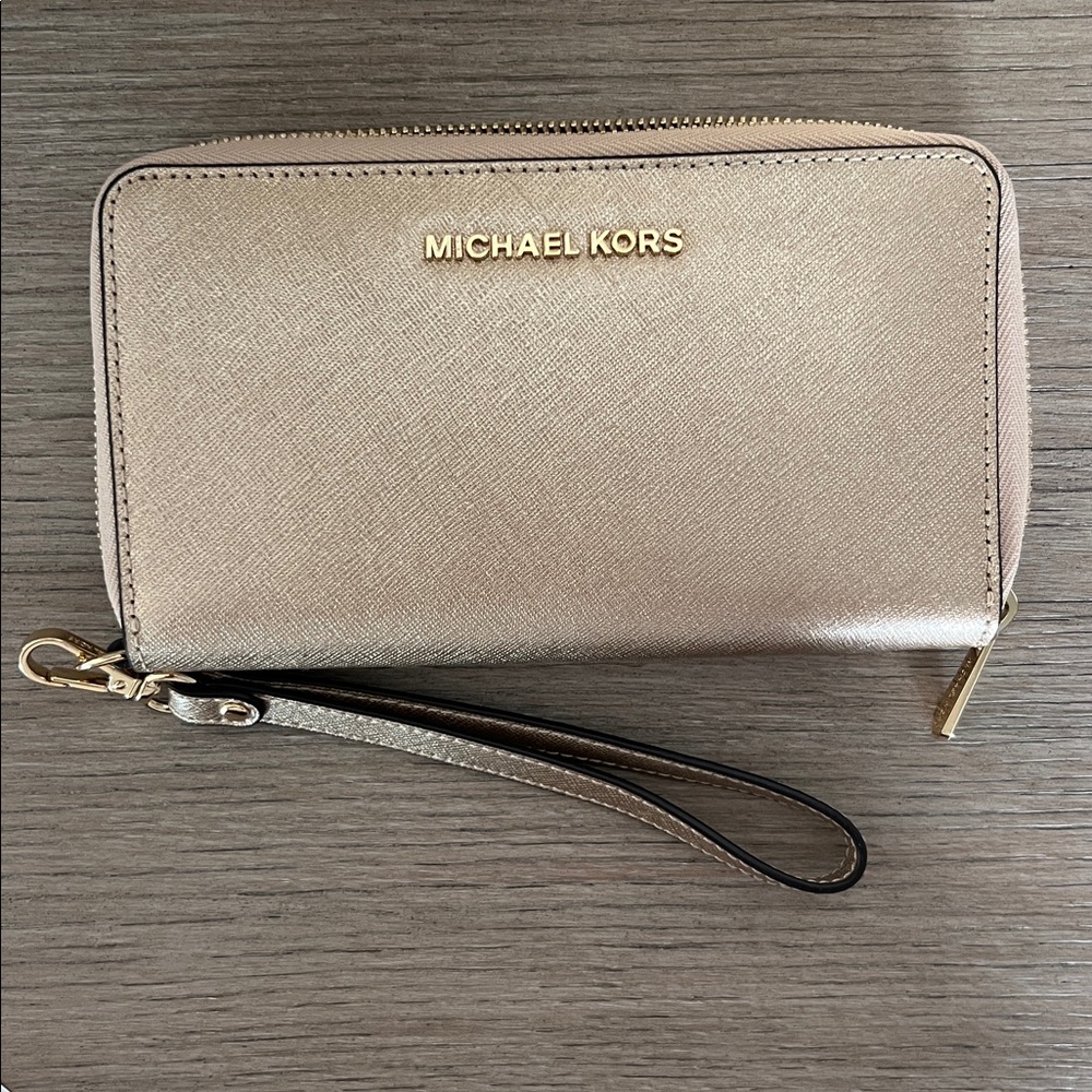 Michael Kors Jet Set Travel Zip Around Rose Gold Phone Wallet Wristlet Case - Picture 7 of 8